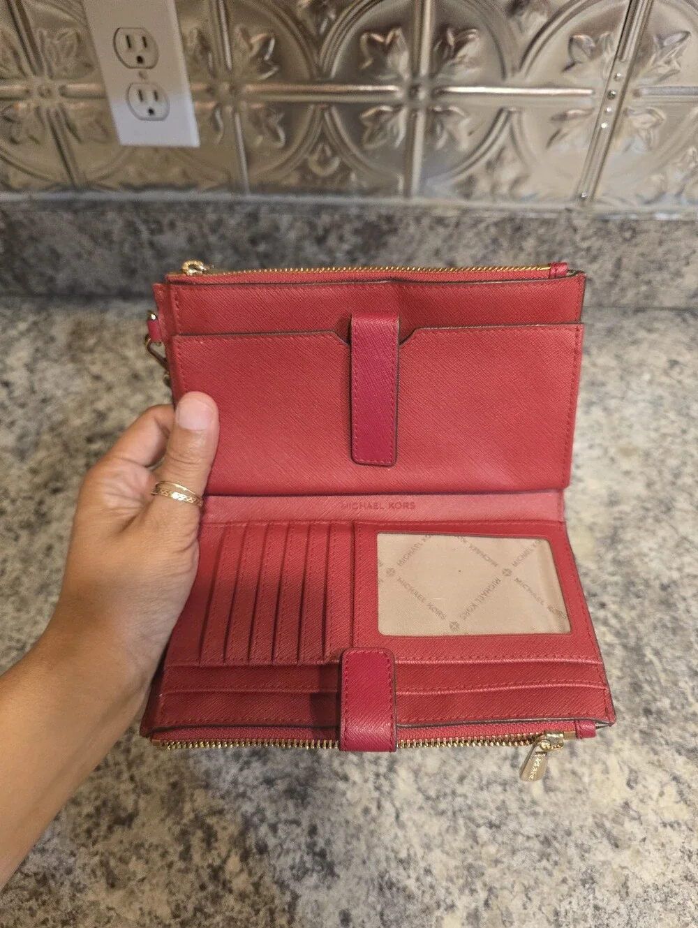 Michael Kors Jet Set Travel Double Zip Wristlet/Wallet Red Coated Canvas - Picture 5 of 7